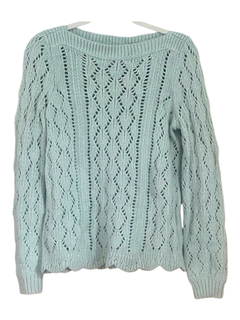 LOFT Mint Green Pointelle Sweater Open Knit Boat Neck Scallop Hem Small - Picture 2 of 11